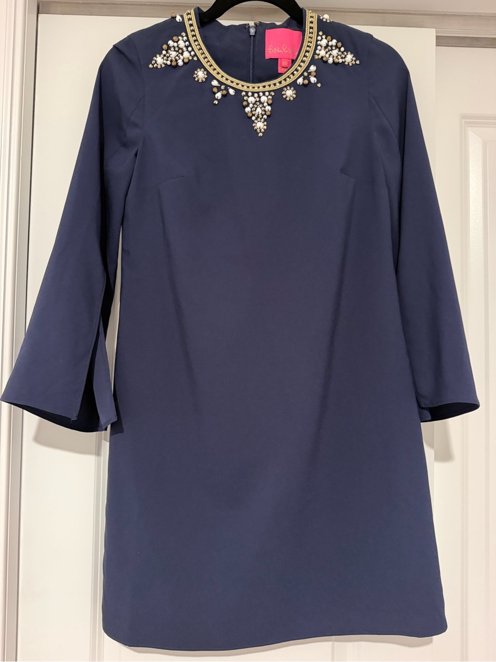 Lilly Pulitzer Navy Shift Dress with Pearl and Gold Necklace Detail